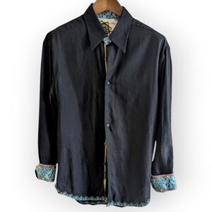 Robert Graham XL Black Woven Button Down Shirt with Turquoise Embroidered